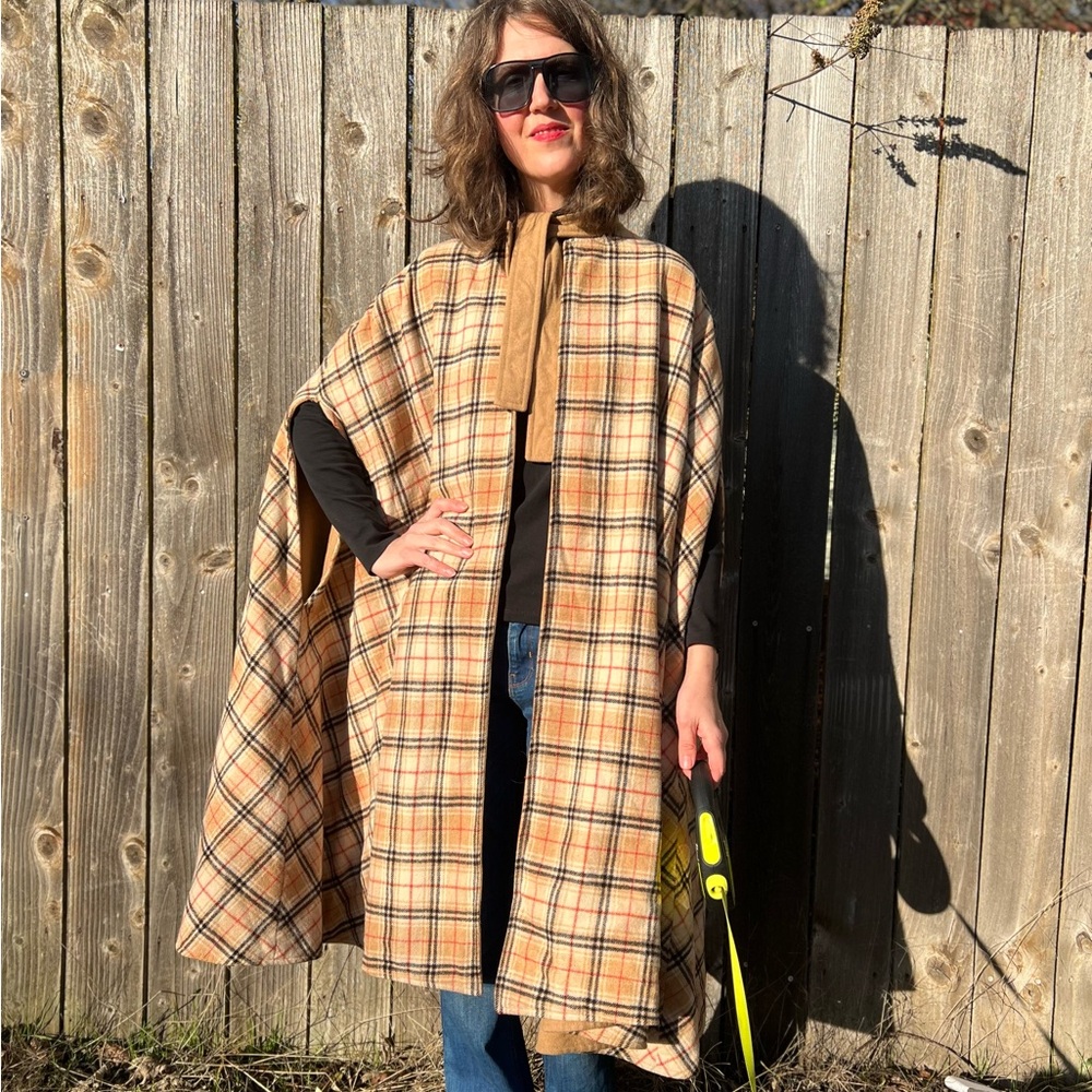 Vintage 100% Wool Cape, Reversible Plaid Check & Camel Coat